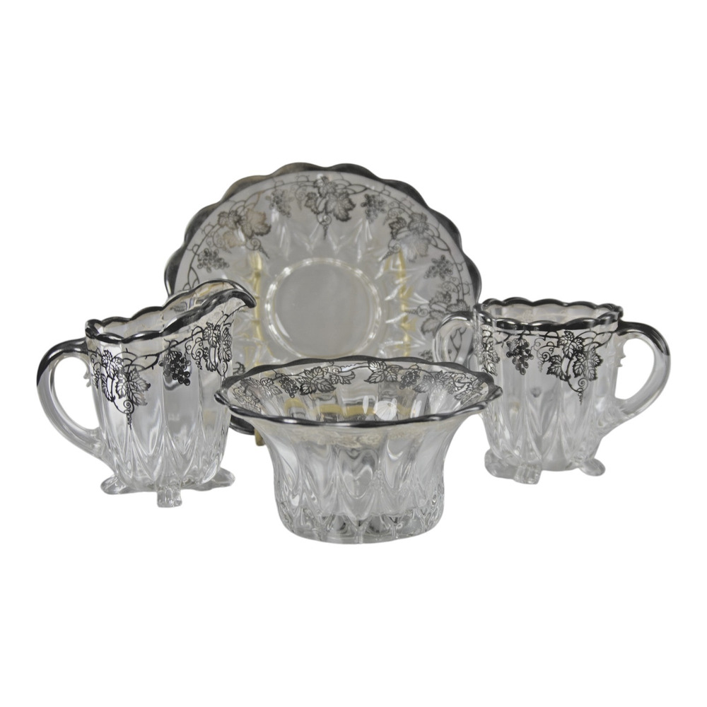 VINTAGE SILVER CITY GLASS CO SILVER OVERLAY GRAPE CREAMER SUGAR BOWL SET 4PC EUC